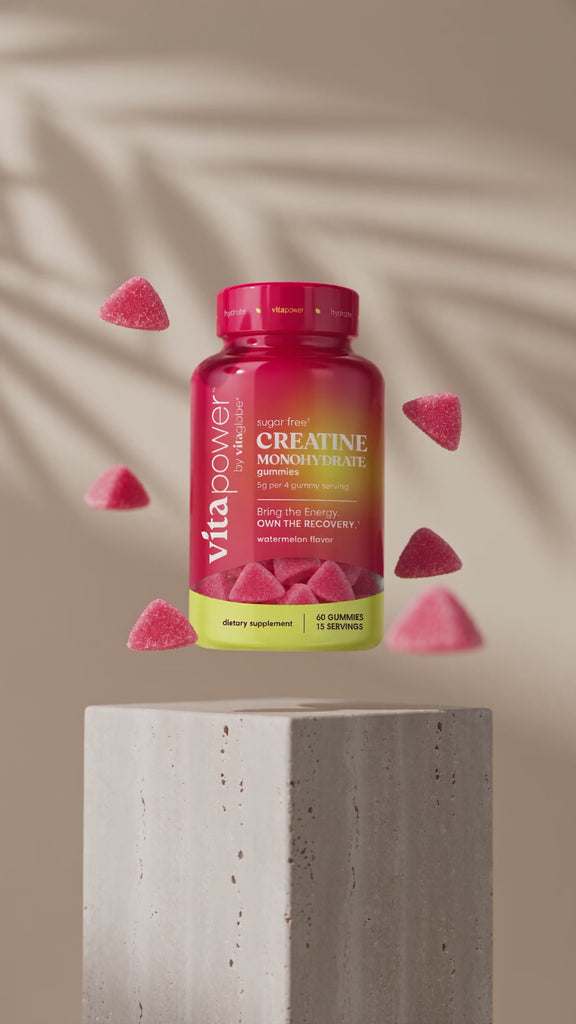 VitaPower sugar-free watermelon creatine monohydrate gummies bottle floating with gummies