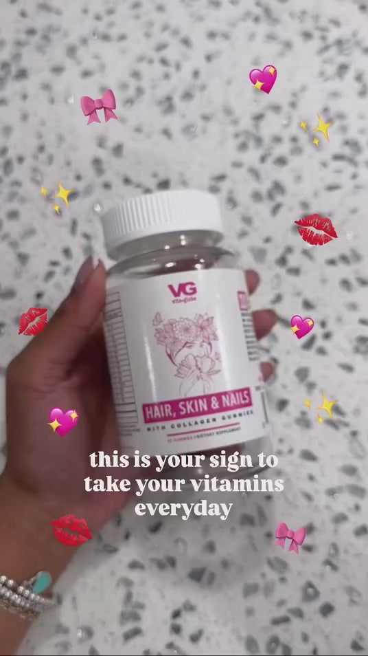Hand holding Vita Globe Hair, Skin & Nails Gummies with Collagen — this is your sign to take your vitamins every day