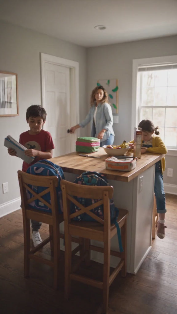 Back-to-school morning in a family kitchen with kids packing up and Vita Globe Vitalolli lollipops on the counter