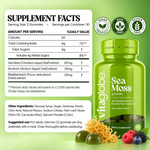 Vita Globe Sea Moss Gummies Supplement Facts: 87mg sea moss, 25mg burdock root and 20mg bladderwrack extracts per 2-gummy serving, 30 servings; other ingredients and suggested use; vegan, non-GMO, gluten-free