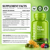 Vita Globe Sea Moss Gummies Supplement Facts: 87mg sea moss, 25mg burdock root and 20mg bladderwrack extracts per 2-gummy serving, 30 servings; other ingredients and suggested use; vegan, non-GMO, gluten-free