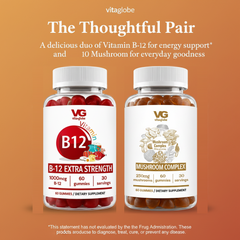 Vita Globe The Thoughtful Pair – Mushroom Complex and B12 Extra Strength gummies duo on orange gradient background