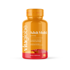 Vita Globe Adult Multi gummies bottle, orange label, 60 gummies, 9 essential vitamins