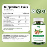 A supplement facts label for VG Vita Globe Ashwagandha gummies, shown on a light green background alongside a bottle of the product. The label includes serving size, daily value percentages, other ingredients, and certification icons for vegan, non-GMO, and gluten free.