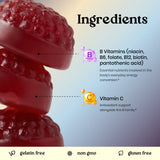 Vita Globe Vitamin B Complex ingredients graphic: B vitamins (niacin, B6, folate, B12, biotin, pantothenic acid) and vitamin C, gelatin free, non-GMO, gluten free