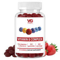 Vita Globe Vitamin B Complex gummies bottle, 60 strawberry-flavored gummies with 6 B vitamins plus vitamin C, front view with fresh strawberries