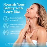 Woman touching her face with a blue background and text about nourishing beauty.