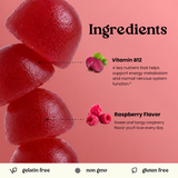 Ingredients graphic for a raspberry-flavored gummy, calling out Vitamin B12 and raspberry flavor over a stack of dark red gummies.