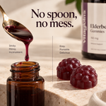 Vita Globe Elderberry Gummies: two dark berry-shaped gummies on a stone surface beside a spoon of syrup, with text 'No spoon, no mess'