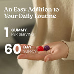 Hand holding two gummy vitamins with text about daily routine and supply duration.