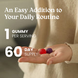 Hand holding two gummy vitamins with text about daily routine and supply duration.