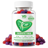 A clear plastic bottle of VG Vita-Globe Fos Inulin dietary supplement gummies, shown with a white cap and white label, surrounded by scattered red and purple gummies on a white background.