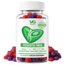 A clear plastic bottle of VG Vita-Globe Fos Inulin dietary supplement gummies, shown with a white cap and white label, surrounded by scattered red and purple gummies on a white background.