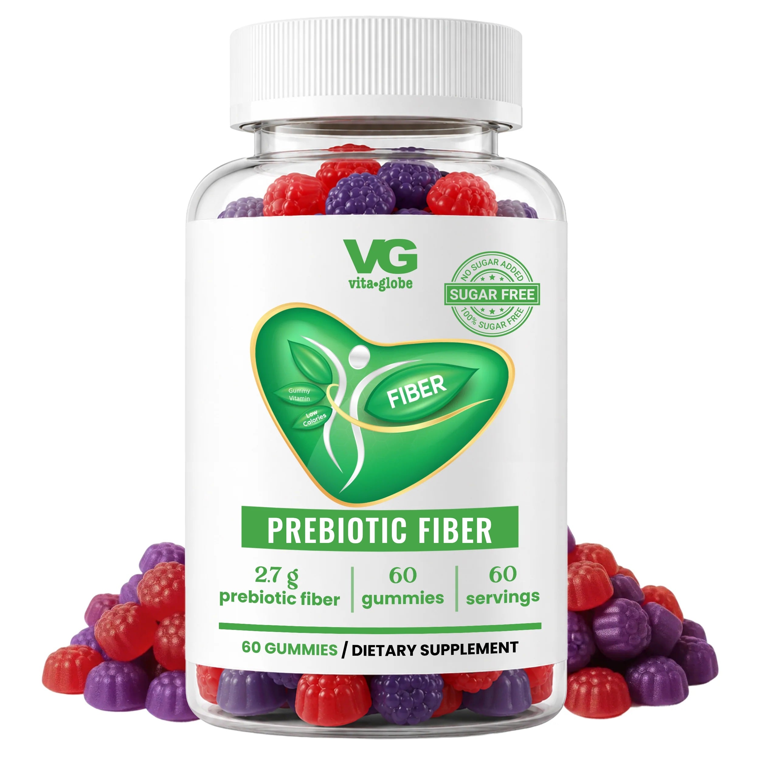 A clear plastic bottle of VG Vita-Globe Fos Inulin dietary supplement gummies, shown with a white cap and white label, surrounded by scattered red and purple gummies on a white background.