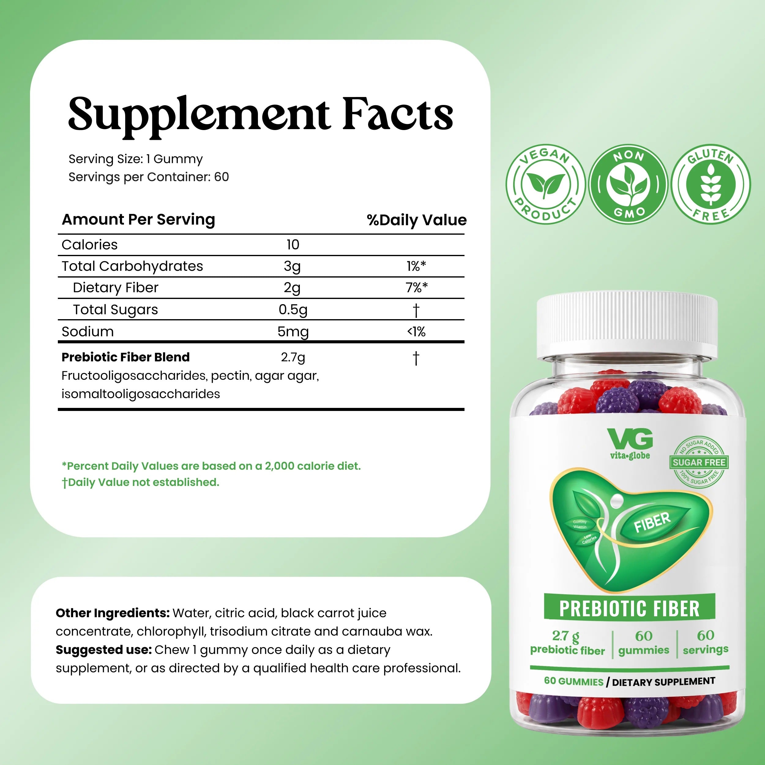 Vita Globe Sugar-Free Prebiotic Fiber FOS Inulin gummies bottle next to its Supplement Facts panel on a light green background