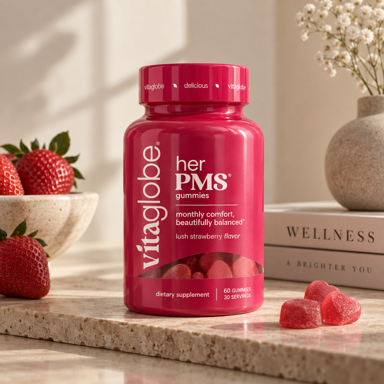 Vita Globe Her PMS Gummies bottle on a marble counter with fresh strawberries, strawberry gummies and a small vase of flowers