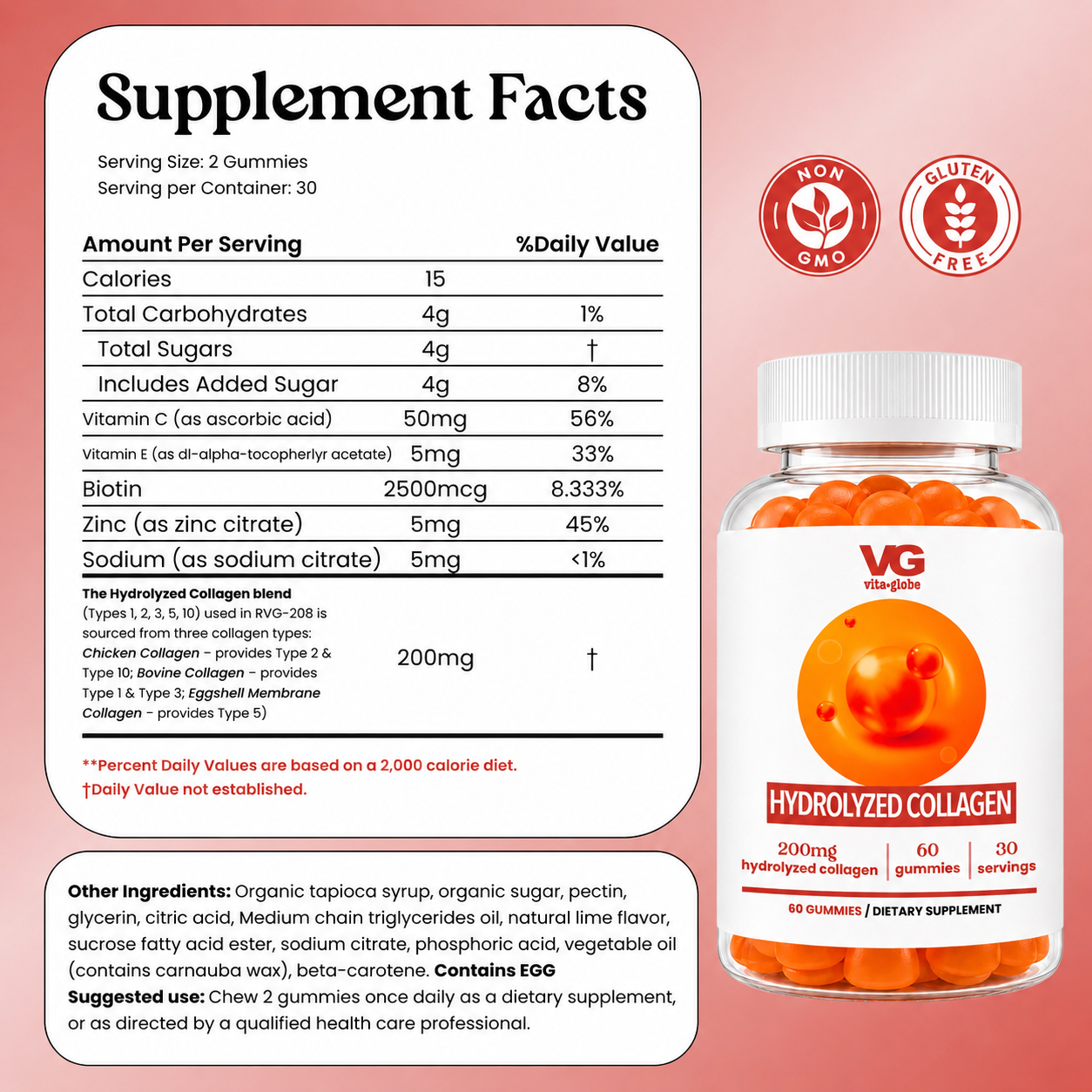 Supplement Facts label for VG Hydrolyzed Collagen Gummies, showing a nutrition table and product bottle with orange gummies visible through a clear container on a white background.