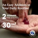 Promotional graphic for VG Vitamin K2 gummies with text reading 'An Easy Addition to Your Daily Routine, 2 Gummies Per Serving, 30 Day Supply' showing a hand holding a gummy.