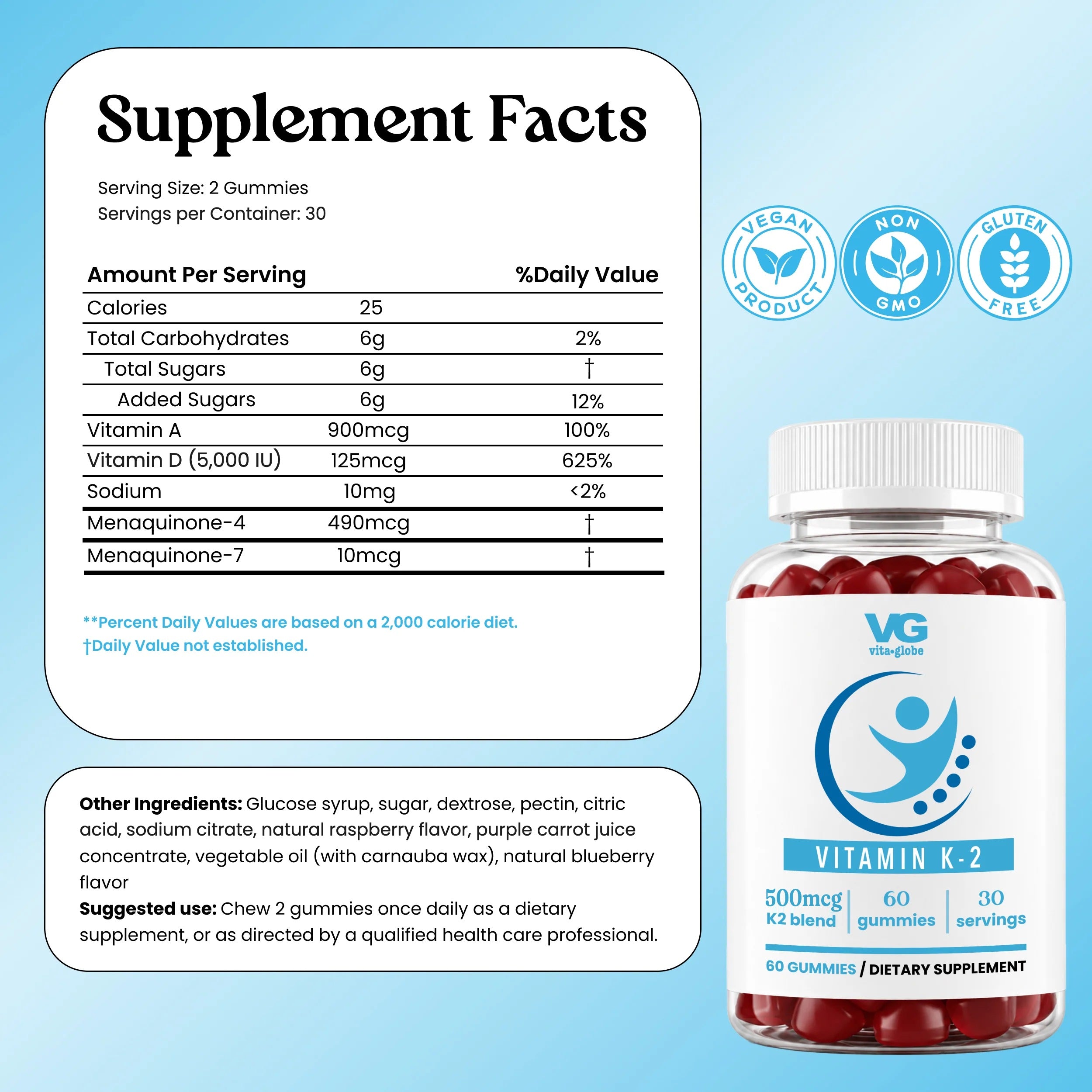 Vita Globe Vitamin K2 gummies bottle with Supplement Facts panel