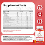 Supplement facts label for VG Kids Multivitamin gummies, showing a product bottle with illustrations of strawberries, oranges, and grapes, alongside a detailed nutrition table, usage instructions, and certification badges on a coral pink background.