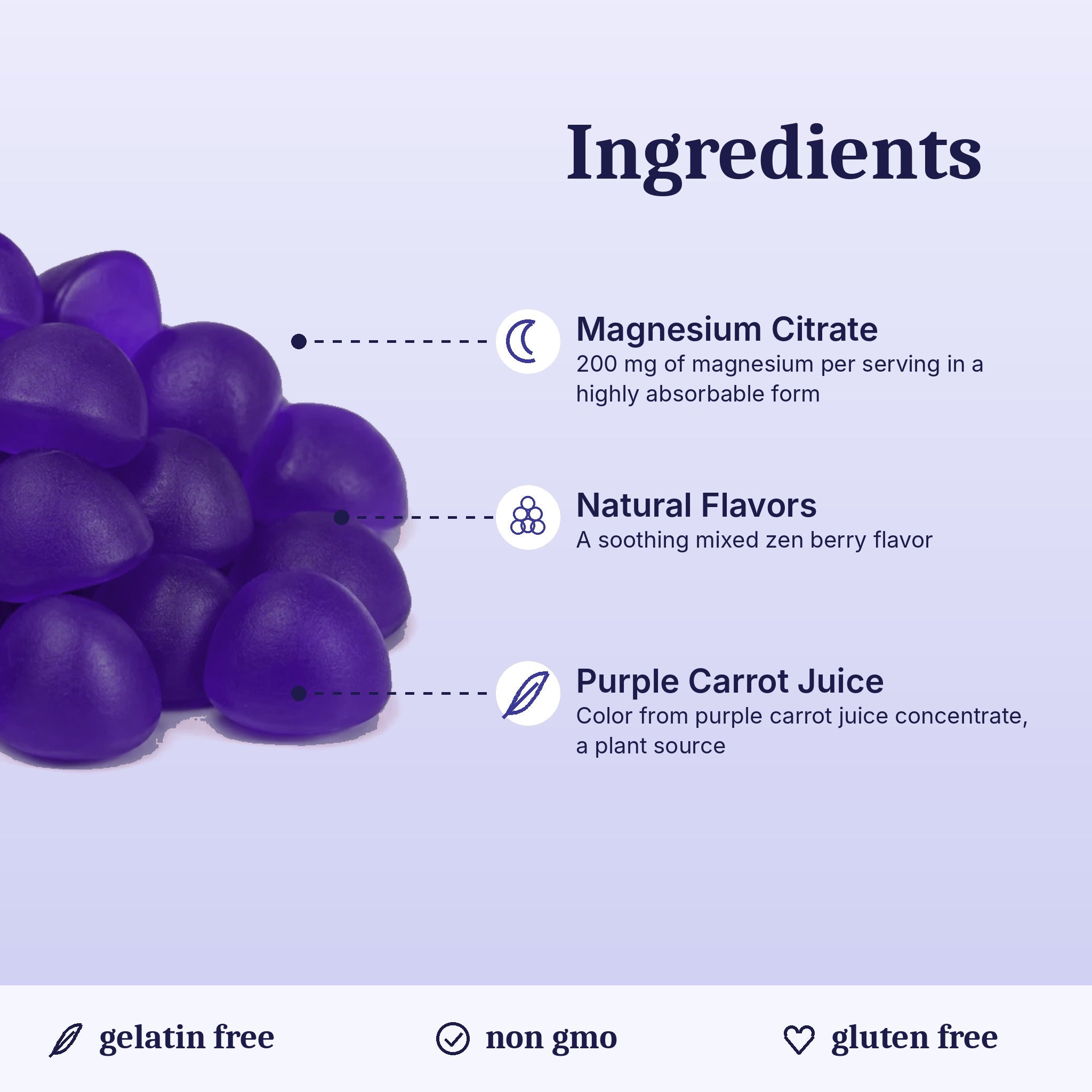 Vita Globe Magnesium Gummies ingredients: magnesium citrate, natural flavors, purple carrot juice; gelatin-free, non-GMO, gluten-free