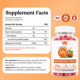A bottle of VG Vita Globe Magnesium Citrate gummies shown next to a Supplement Facts label on an orange background. The bottle contains pink gummies and features a white label with orange and green accents.
