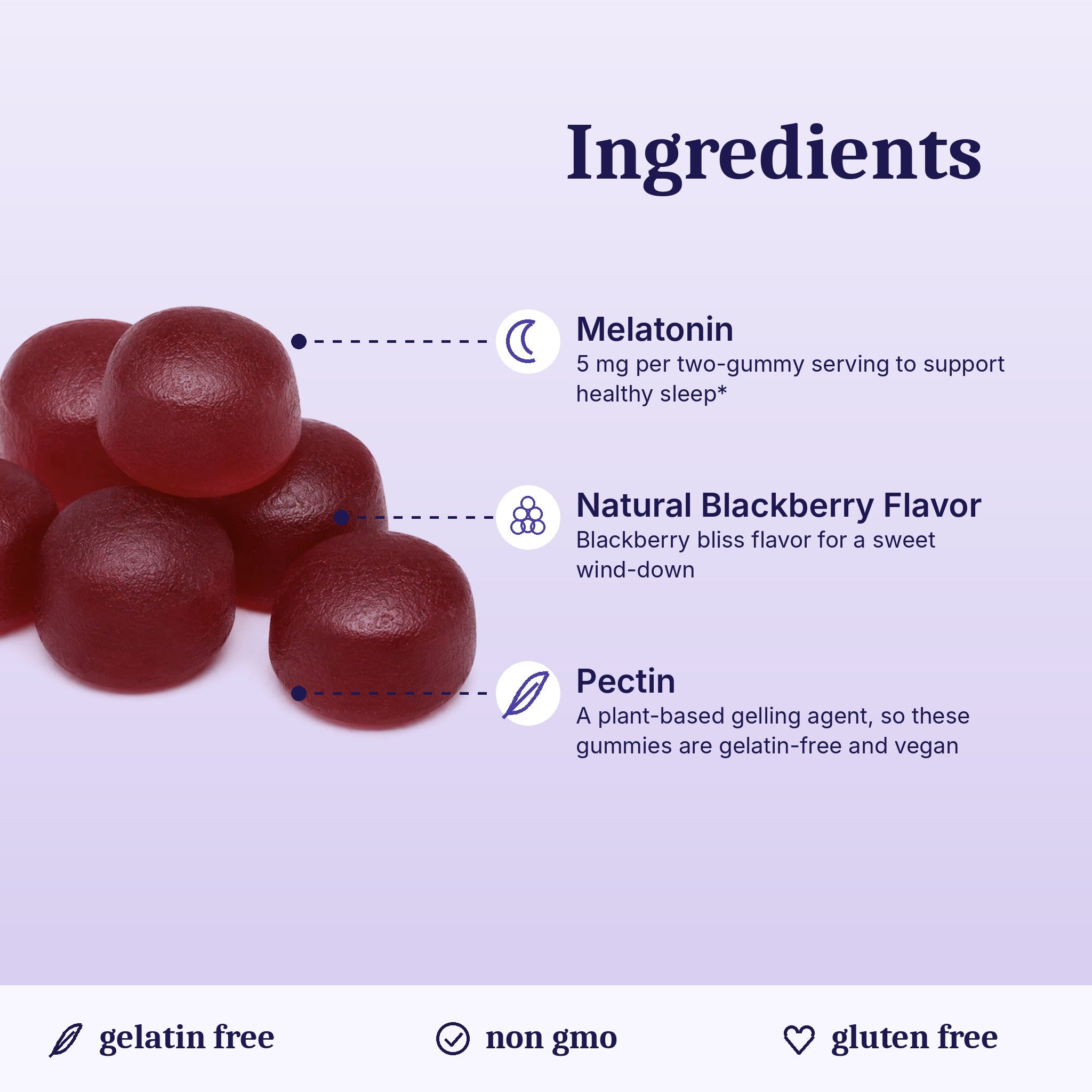 Vita Globe Melatonin Gummies ingredients: melatonin, natural blackberry flavor, pectin; gelatin-free, non-GMO, gluten-free