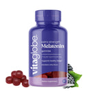 Vita Globe Extra Strength Melatonin Gummies 5 mg bottle, blackberry bliss flavor, 60 gummies, with red gummies and a blackberry
