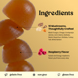 Vita Globe Mushroom Complex gummies ingredients graphic with amber-brown gummies