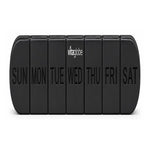 A black weekly calendar organizer with seven vertical compartments labeled SUN through SAT, with the brand name vitaglobe centered near the top.