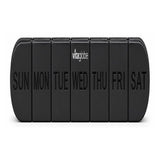 A black weekly calendar organizer with seven vertical compartments labeled SUN through SAT, with the brand name vitaglobe centered near the top.