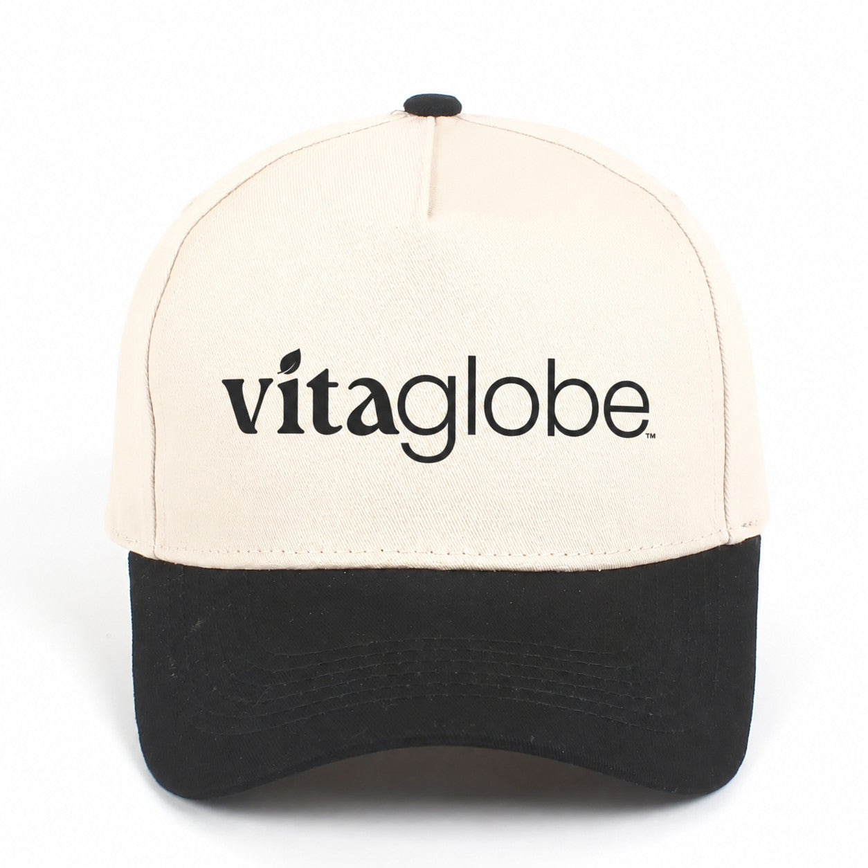 Vita Globe Two-Tone Hat: cream front panel, black brim and black vitaglobe logo
