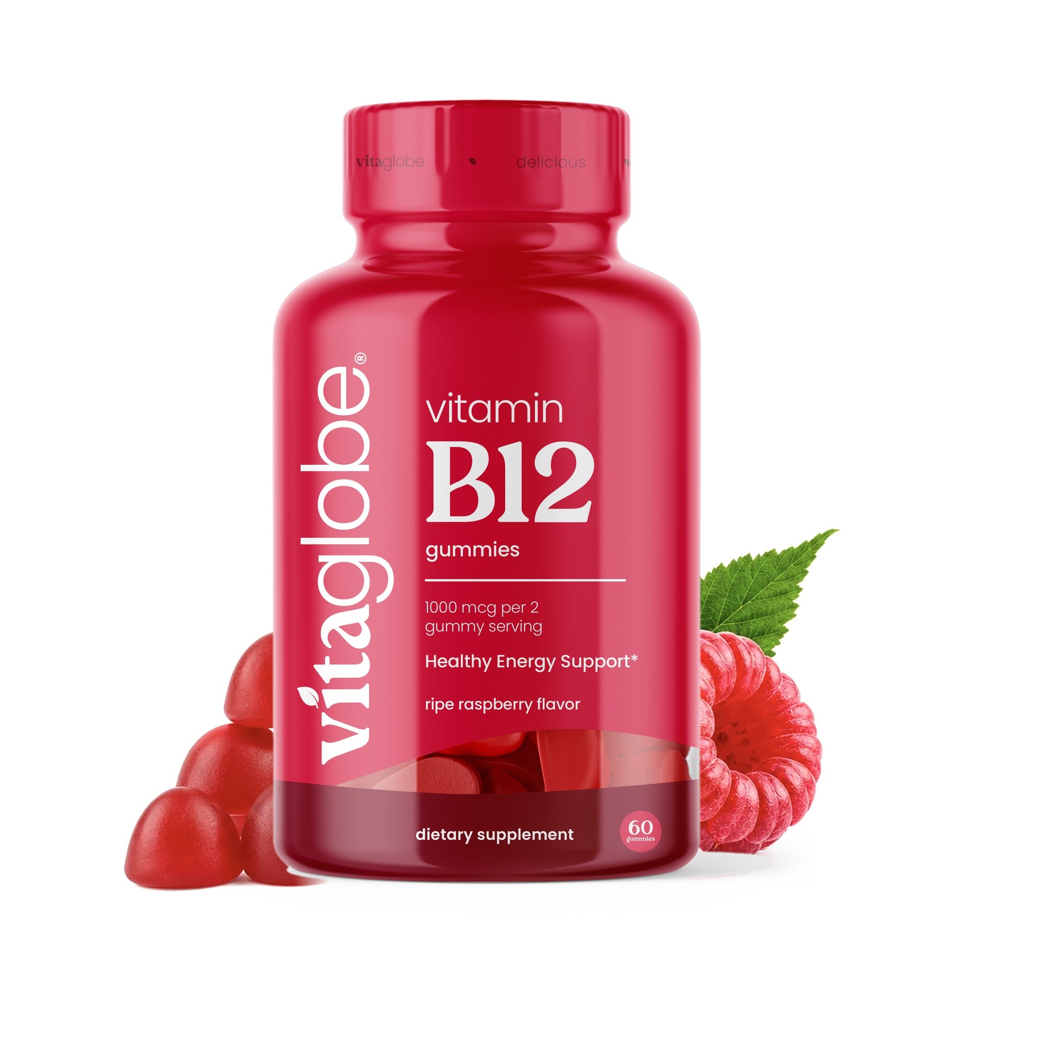 Vita Globe Vitamin B12 Gummies 1000 mcg bottle, ripe raspberry flavor, 60 gummies, with raspberry gummies and a fresh raspberry