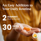 Hand holding two orange gummies with text about daily routine and serving size.