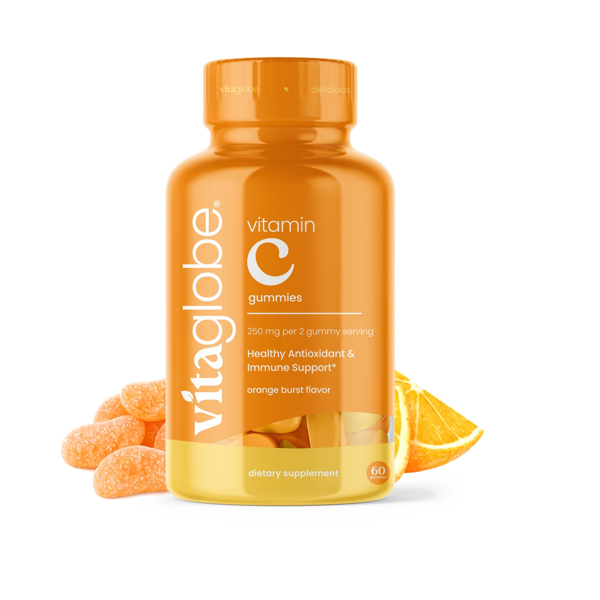 Vita Globe Vitamin C Gummies 250 mg bottle, orange burst flavor, 60 gummies, with orange gummies and fresh orange slices