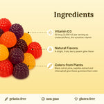 Vita Globe Vitamin D3 Gummies ingredients: vitamin D3 2,000 IU, natural berry peach flavor, colors from plants; gelatin-free, non-GMO, gluten-free