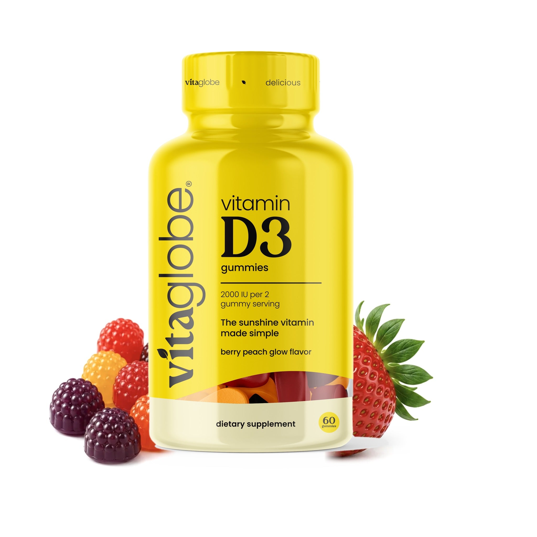 Vita Globe Vitamin D3 Gummies 2000 IU bottle, berry peach glow flavor, 60 gummies, with assorted berry gummies and a fresh strawberry