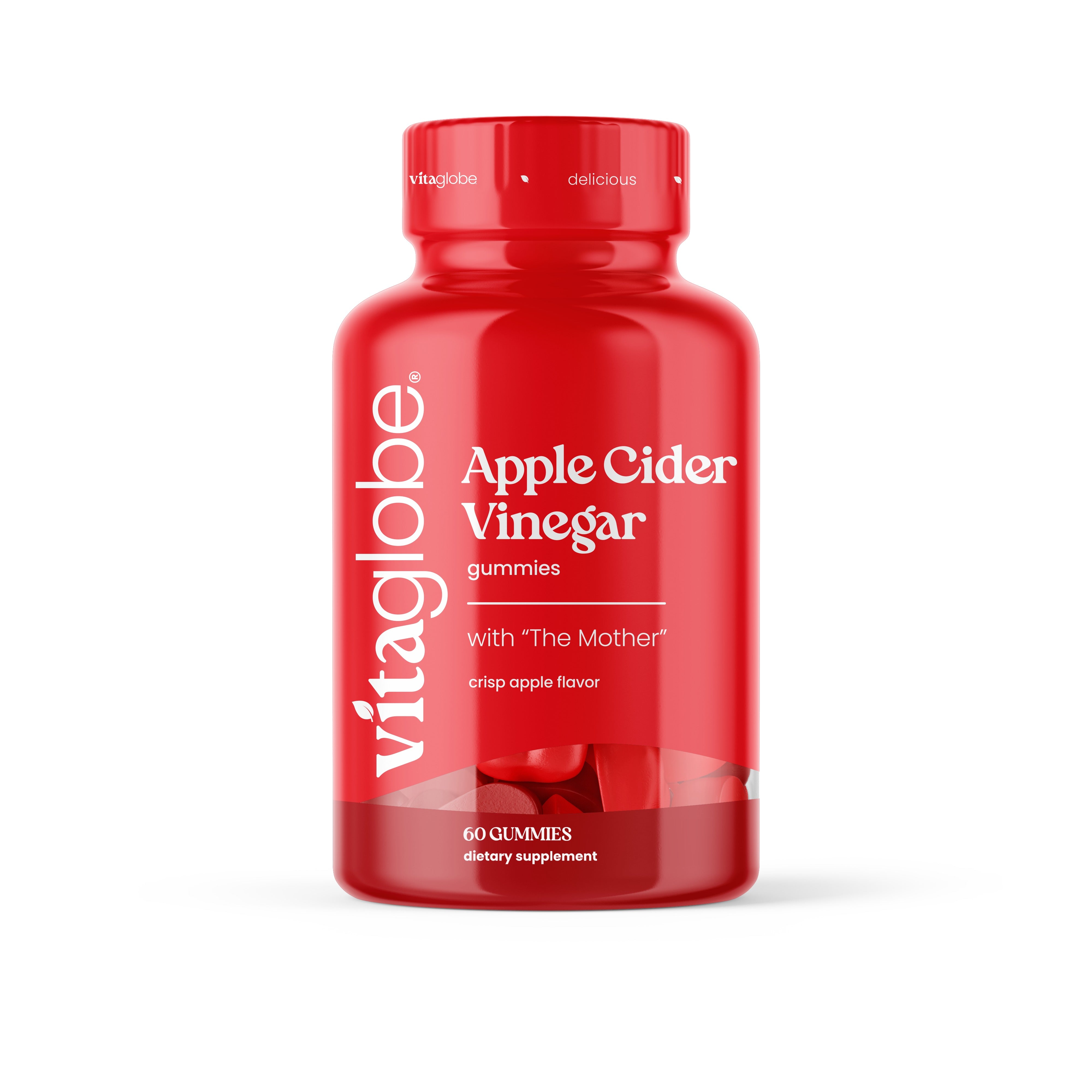 Vita Globe Apple Cider Vinegar Gummies with The Mother, crisp apple flavor, 60 gummies, red bottle front view