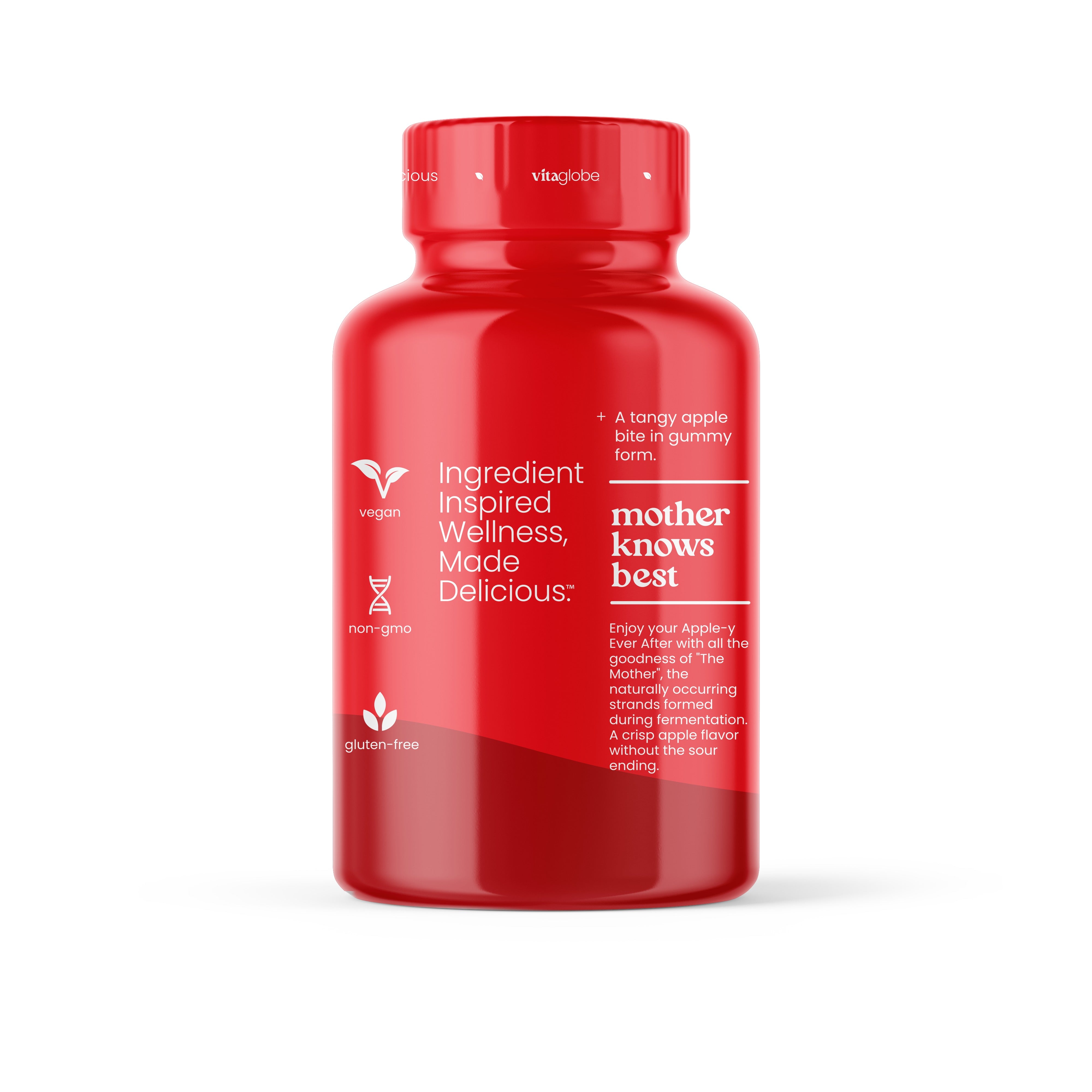 Vita Globe Apple Cider Vinegar Gummies bottle side view - vegan, non-GMO, gluten-free, mother knows best