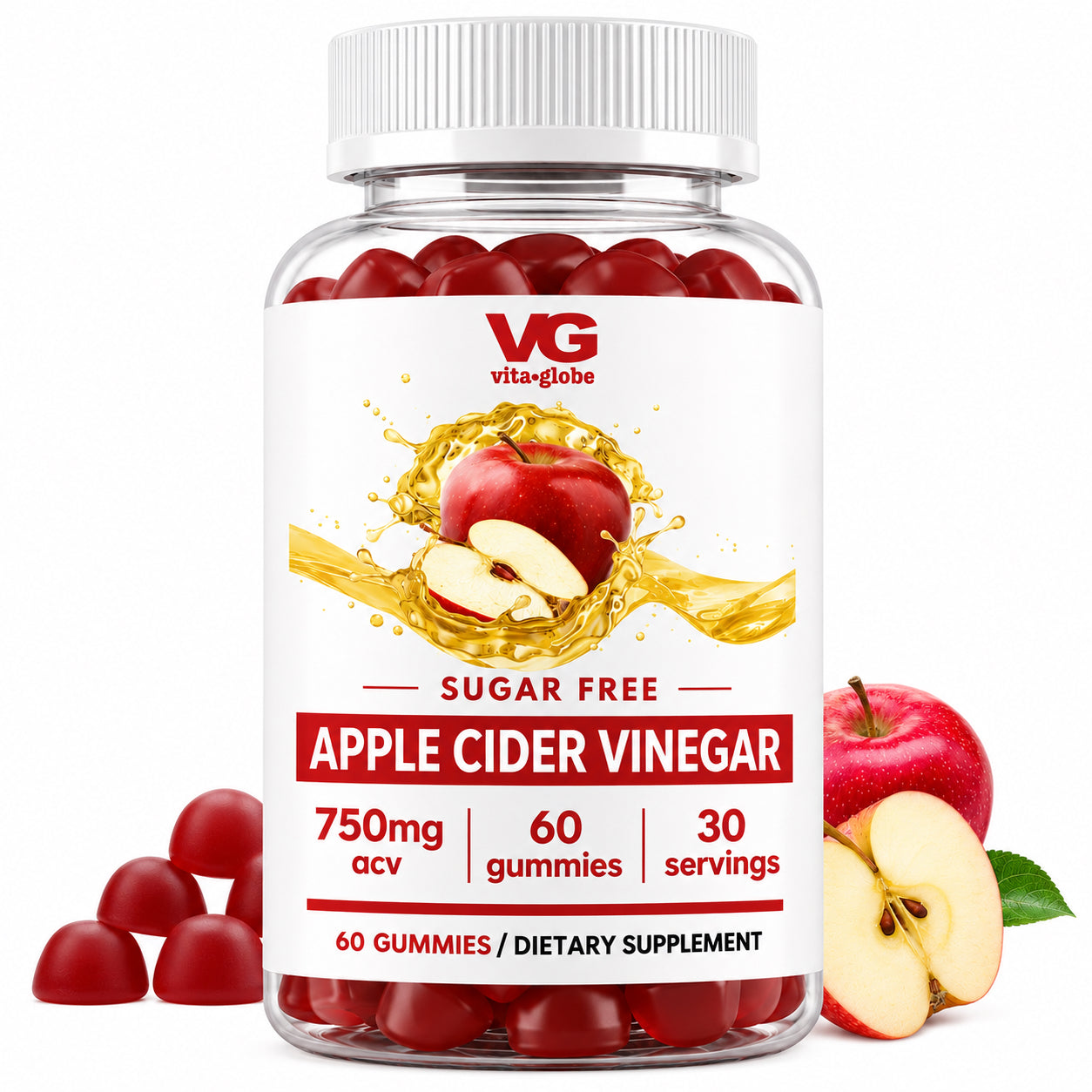 A clear plastic bottle of VG Vita Globe Apple Cider Vinegar dietary supplement gummies, shown with red gummies inside, a white cap, and apple slices and whole apples on a white background.