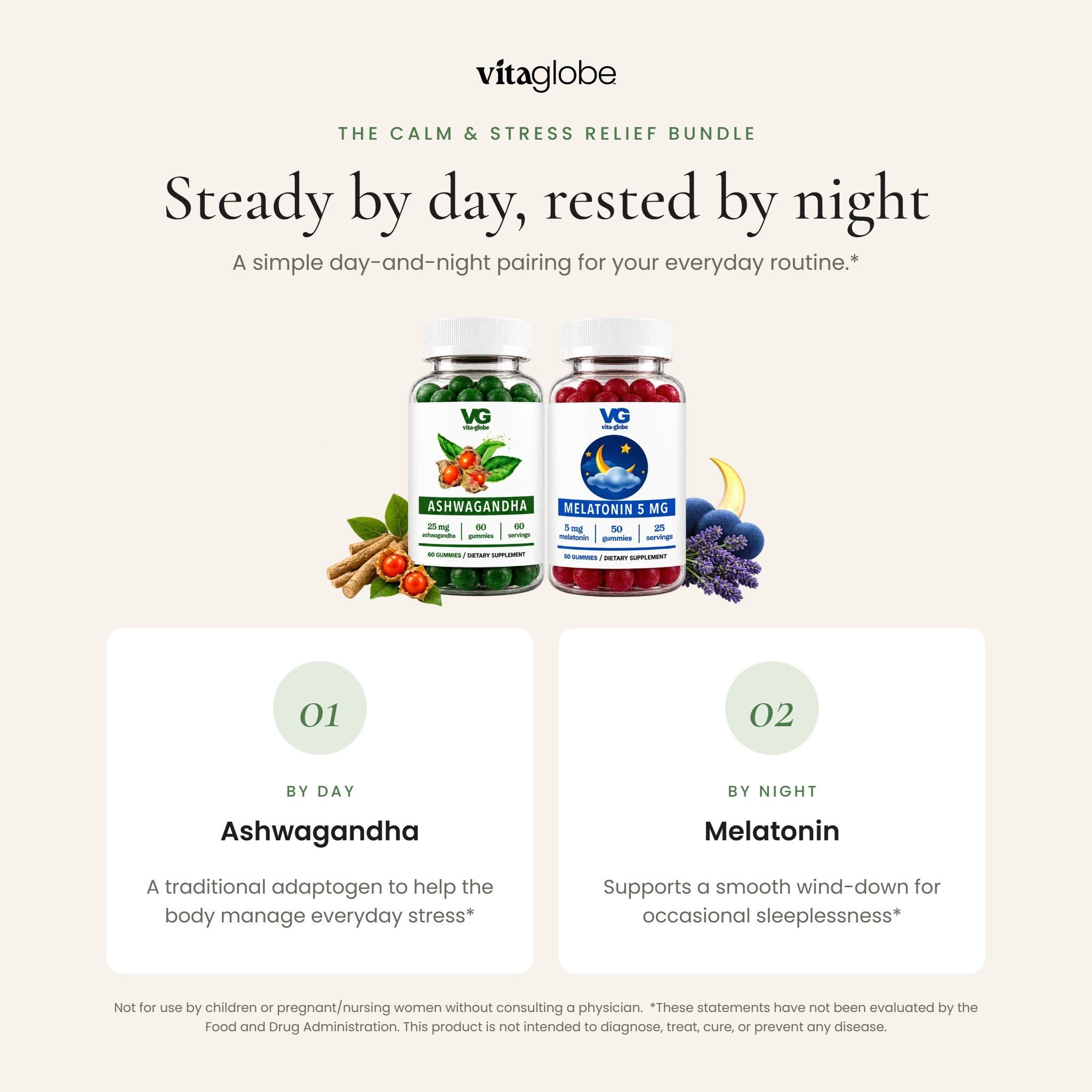 Calm & Stress Relief Bundle: ashwagandha by day, melatonin by night