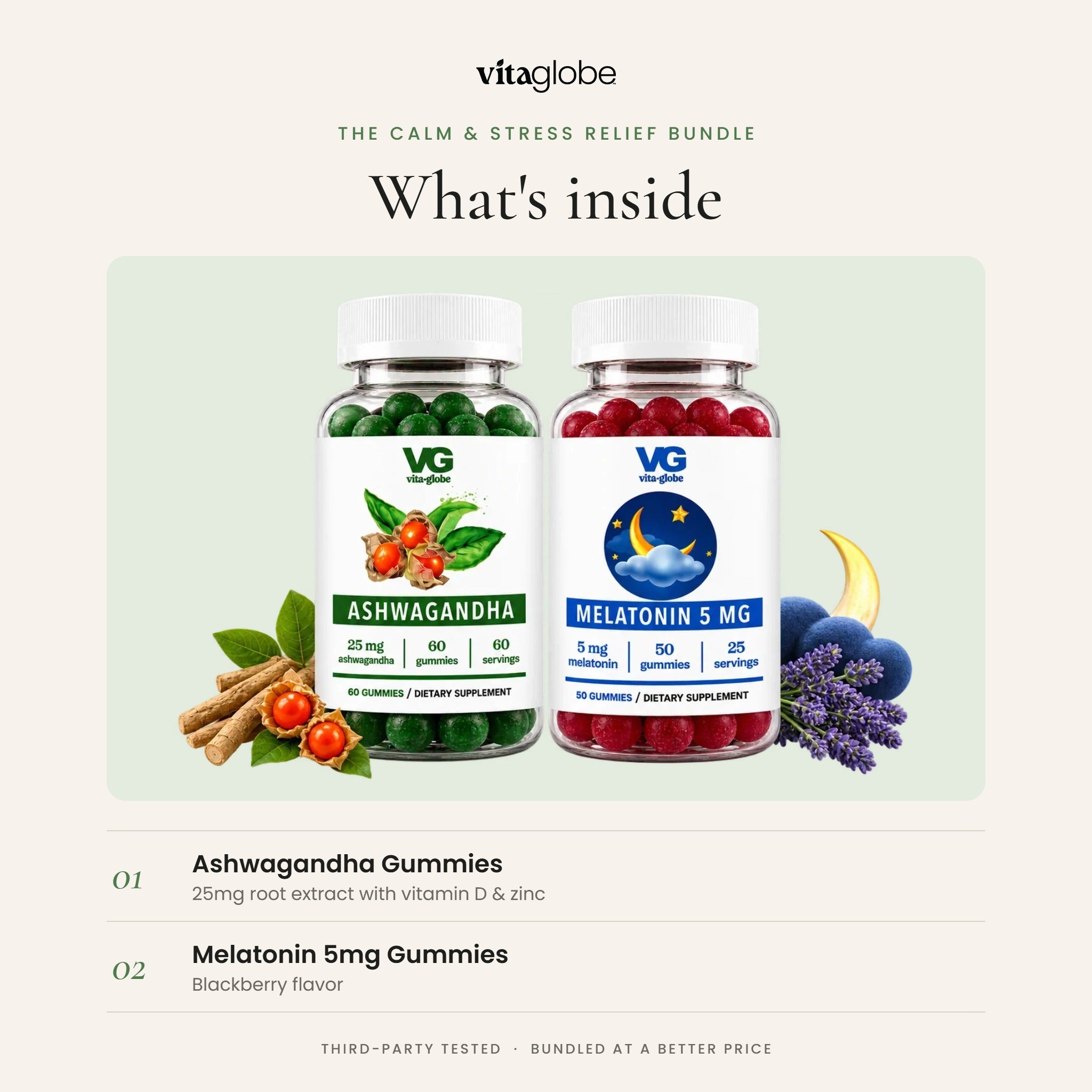What's inside the Vita Globe Calm & Stress Relief Bundle: Ashwagandha and Melatonin 5mg gummies