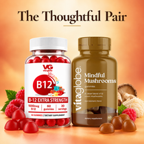Vita Globe Daily Vitality Duo, The Thoughtful Pair: B-12 Extra Strength gummies and new Mindful Mushrooms gummies bottles with raspberries and gummies