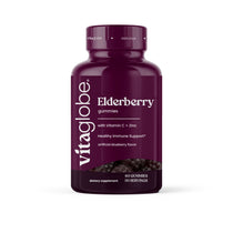 Vita Globe Elderberry Gummies with Vitamin C + Zinc, healthy immune support, artificial blueberry flavor, 60 gummies / 30 servings, front view