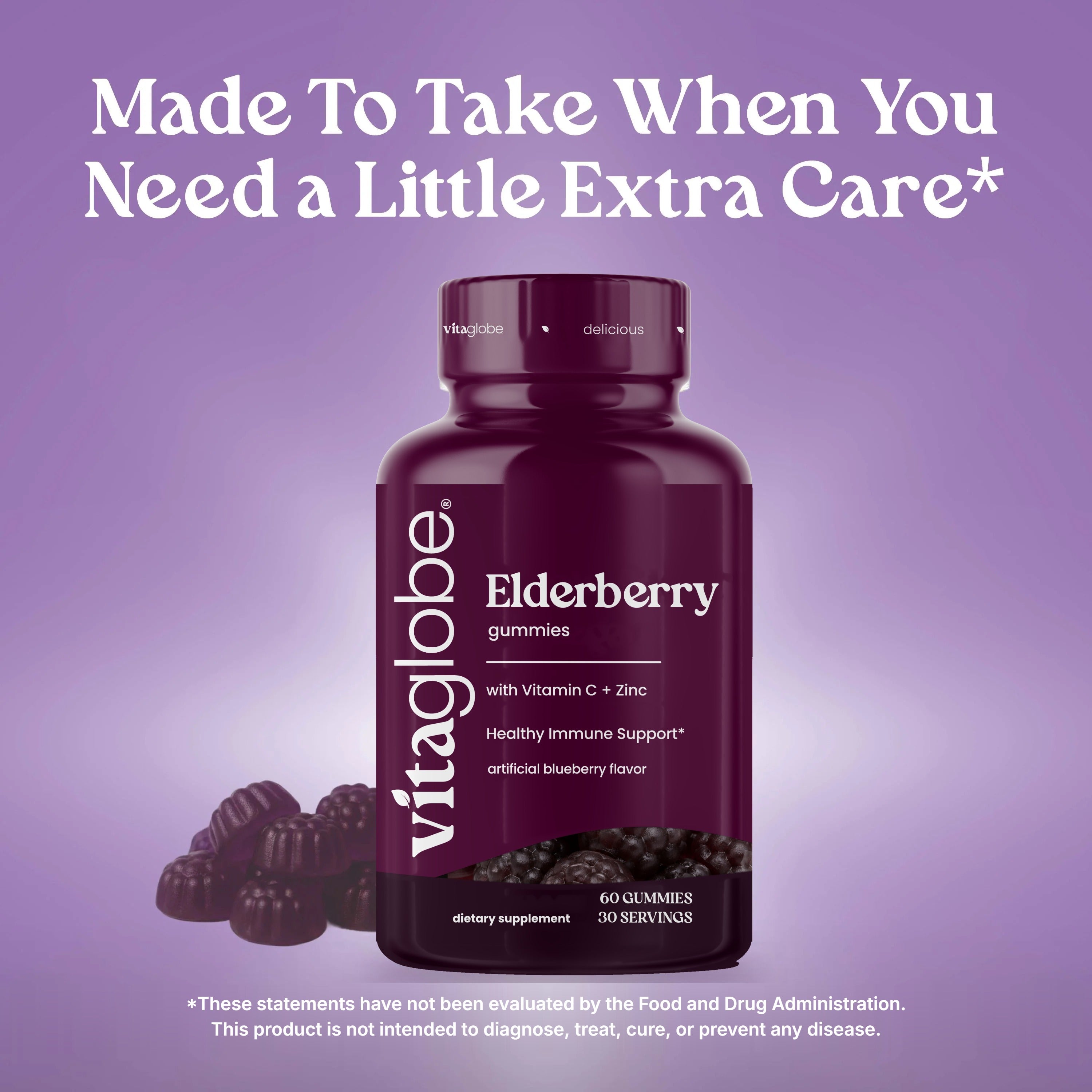 Vita Globe Elderberry Gummies purple bottle with elderberry gummies - Made to take when you need a little extra care