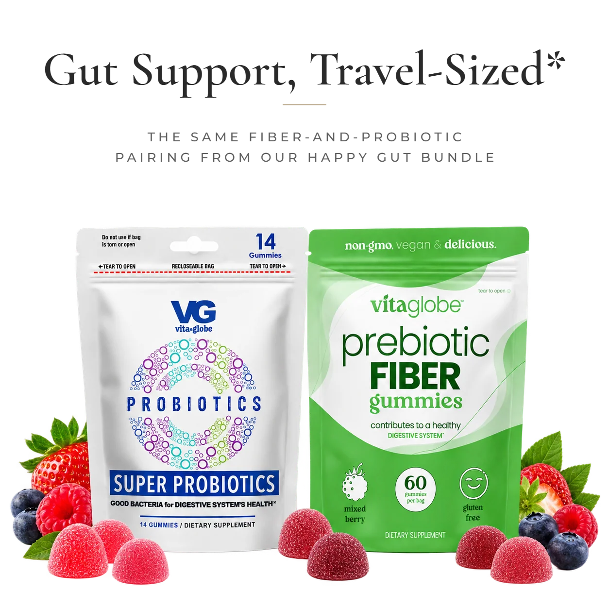 Vita Globe Gut Health To-Go Duo: Super Probiotics and Prebiotic Fiber gummy pouches