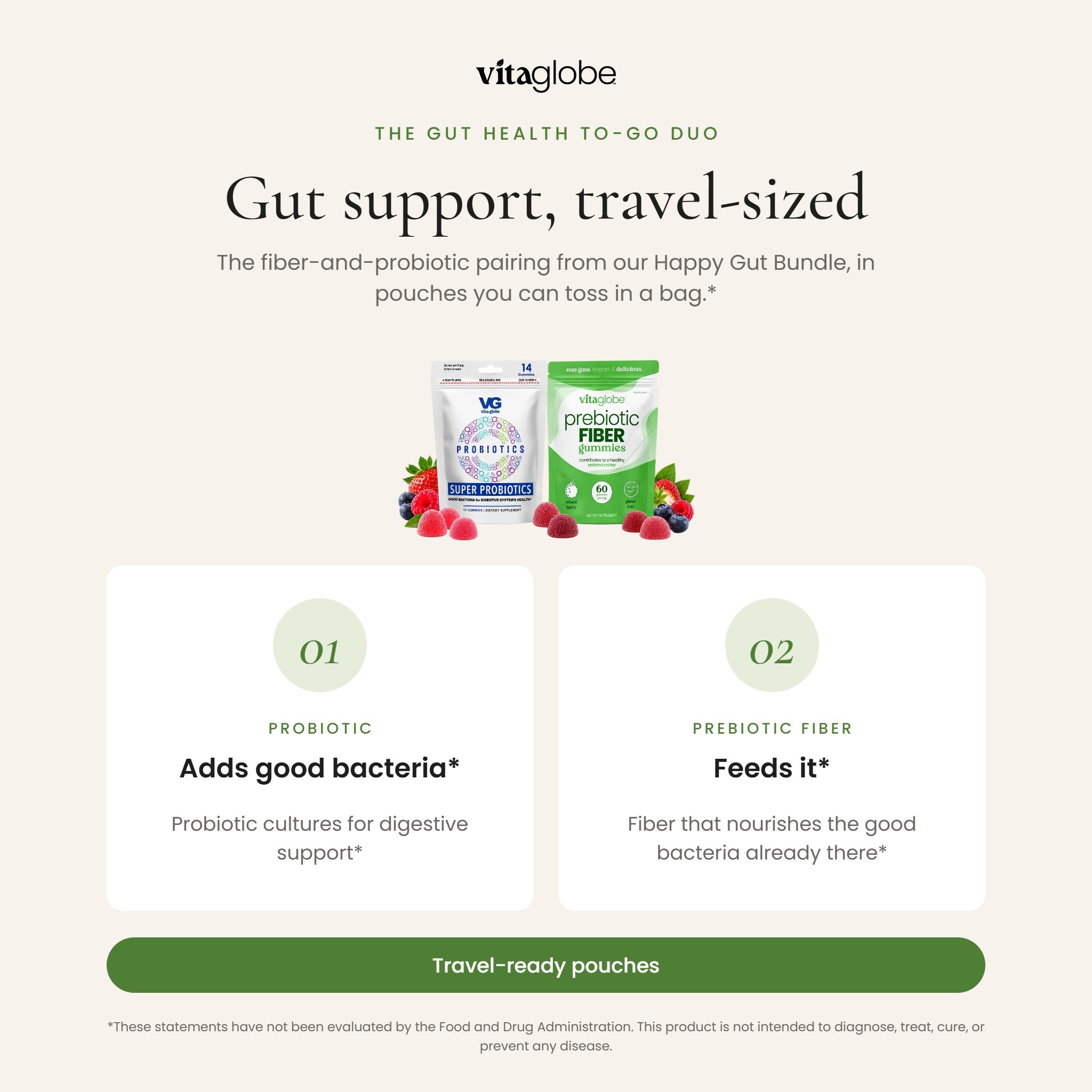 Gut Health To-Go Duo: probiotic and prebiotic fiber gummy pouches, travel-sized