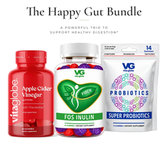 Vita Globe Happy Gut Bundle: new-label Apple Cider Vinegar gummies, FOS Inulin prebiotic fiber gummies and Super Probiotics pouch