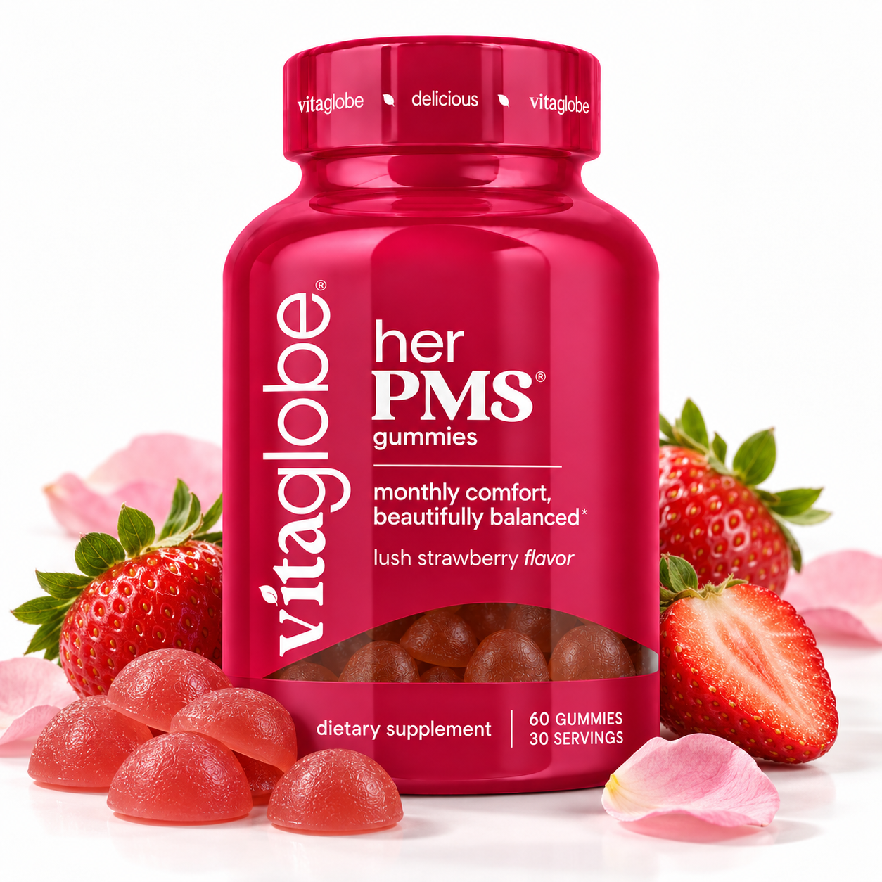 Vita Globe Her PMS Gummies bottle with pink strawberry gummies, fresh strawberries and soft pink petals