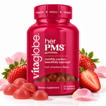 Vita Globe Her PMS Gummies bottle with pink strawberry gummies, fresh strawberries and soft pink petals